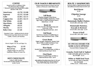 a set of four white menus with different food items at Route 2 Apartments in Topsham