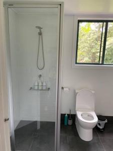 a bathroom with a toilet and a shower with a window at Innisfree, a secluded rainforest retreat in Tarzali