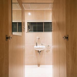 W łazience znajduje się umywalka oraz prysznic z lustrem. w obiekcie Poolside Cottage w mieście Johannesburg