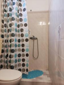 a bathroom with a shower with a toilet and a shower curtain at Room Ntina Kastraki in Kastraki