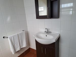 a bathroom with a sink and a mirror and towels at Remhoogte Mountain Lodge in Jacksonstuin