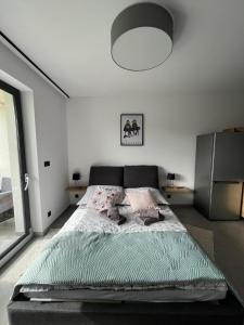 a bedroom with a large bed and a large window at Apartament w Dolinie Sanu in Lesko