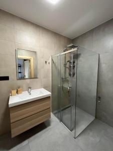 a bathroom with a sink and a shower at Apartament w Dolinie Sanu in Lesko