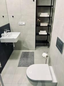 a bathroom with a white toilet and a sink at CITY CENTRUM CHARMING apartment in Prague