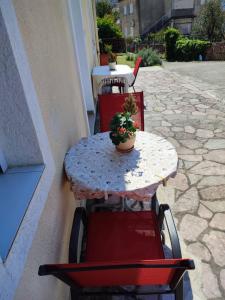 une table et des chaises avec une plante en pot dans l'établissement Apartments Željka-Dobrota, à Kotor