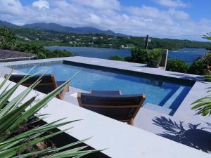 a swimming pool with chairs and a view of the water at Villa Adina - A luxury villa with pool, perfect for a quiet hideaway or an exotic escape in Westerhall Land Settlement