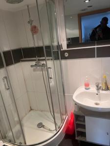 un baño con ducha y lavabo en Gästestübchen, en Diez