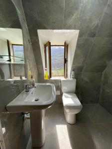 a bathroom with a white toilet and a sink at Guest House Rrashkadoli in Theth