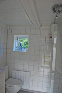 ein Bad mit einem WC und einem Fenster in der Unterkunft Lugnet in Hörby