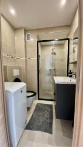 y baño con aseo, lavabo y ducha. en Charmant Studio - Centre ville de Cannes, en Cannes