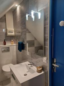 La salle de bains est pourvue d'un lavabo et de toilettes. dans l'établissement Studio Les Trois Clés, à Fressenneville