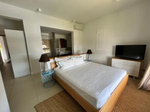 um quarto com uma cama grande e uma televisão de ecrã plano em Penthouse Marina - 3 ensuite bedrooms em Rivière Noire