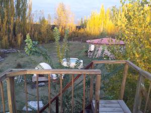 トゥヌヤンにあるBuda de Uco Lodgeのデッキにシマウマが植えられた庭園の景色を望めます。