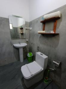un bagno con un water, un lavandino e uno specchio di Sarah Holiday Resort a Haldummulla Altre 58 foto