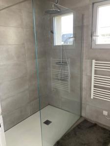 La salle de bains est pourvue d'une douche avec une porte en verre. dans l'établissement Les Hortensias à 50 m de la plage de Trestraou, à Perros-Guirec