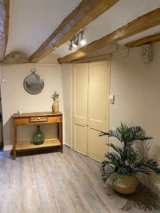 Zimmer mit Topfpflanze und Tür in der Unterkunft Can Moletes in Pratdip