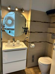 La salle de bains est pourvue d'un lavabo, d'un miroir et de toilettes. dans l'établissement La Couronne Appartement a Nice, à Nice
