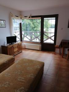 a room with two beds and a television and windows at Apartamenty nad jeziorem ,,Odpocznij" in Rydzewo