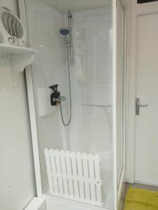 a bathroom with a shower with a glass door at House of twenty, calme,rue piétonne, proche de la mer, wifi gratuit in Dieppe