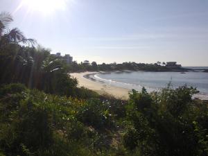vistas a una playa con palmeras y al océano en Pousada Enseada do Coqueiro en Guarapari