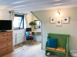 a living room with a green chair and a television at Little Fursdon Apartment in Merrymeet