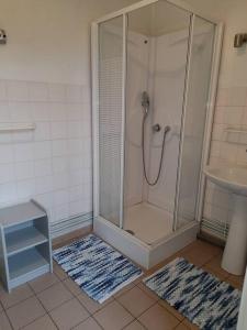 y baño con ducha, 2 alfombras y lavamanos. en Le Presbytère de la côte d'opale en Nempont-Saint-Firmin