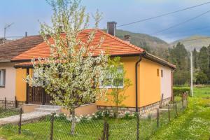 a yellow house with a fence in front of it at Apartman OLGA in Perućac