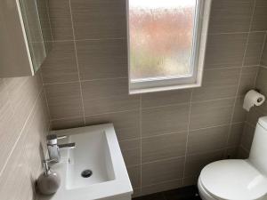 a bathroom with a toilet and a sink and a window at Amazing 4 bed Contractor hub in Nuneaton