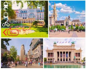 un collage d'images d'une ville avec des bâtiments dans l'établissement Ruime woning in een leuke buurt nabij het centrum, à Anvers