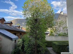 a tree in a yard next to a building at Appartement jusqu'à 4 personnes in Luchon