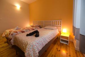 - une chambre avec 2 lits et une lampe au sol dans l'établissement Jourde Vacances, au Puy-en-Velay