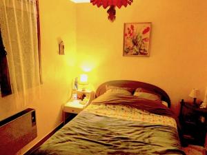 ein Schlafzimmer mit einem Bett und einem Tisch mit einer Lampe in der Unterkunft Chalet douillet tout confort in Valdeblore