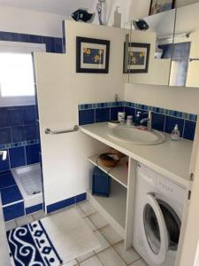 ein Badezimmer mit einer Waschmaschine und einem Waschbecken in der Unterkunft Appartement TY DANY , 150m de la plage in Carnac