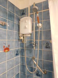 a shower with a hose in a blue tiled bathroom at Fab Location 1 bed Apt overlooking Glasgow Green in Glasgow