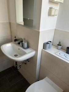 ein Badezimmer mit einem Waschbecken, einem WC und einem Spiegel in der Unterkunft Monteur-& Ferienwohnung Eichmann in Dresden