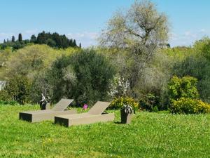 three benches in a grassy field with flowers and trees at Mama Fox in Alepou