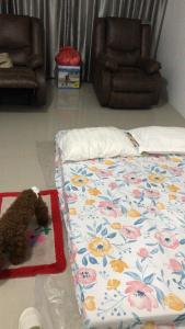 a teddy bear laying on the floor next to a bed at Citisquare apartment for good sleeper in Tenggilismedjojo