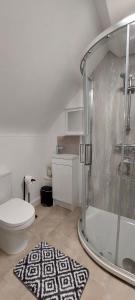 a bathroom with a shower and a toilet and a rug at The Chapel House in Saint Helens