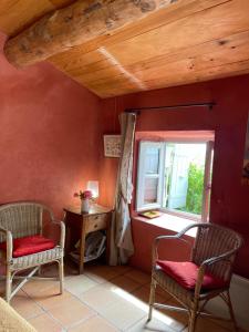 een kamer met 2 stoelen en een raam bij Le petit Mas in Vogüé