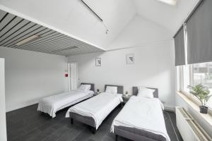 una camera con tre letti e una finestra di BoLofts ad Anversa