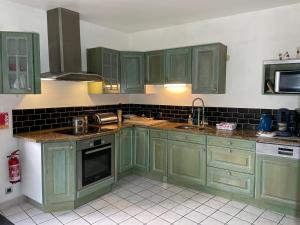 a kitchen with green cabinets and a sink at Le Douet Fleury - Gîte de Jardin in Livarot