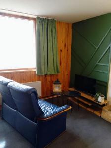 un salon avec un canapé bleu et une télévision dans l'établissement Appartement situé en plein centre à deux pas des pistes., à Besse-et-Saint-Anastaise