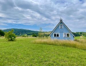 niebieski dom na polu trawy w obiekcie U Ewy pod Brzozami w mieście Nowy Żmigród