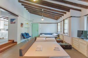 a bedroom with a large bed and a tv at Villa Nefeli in Sani Beach