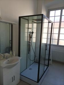 W łazience znajduje się kabina prysznicowa i umywalka. w obiekcie O'Couvent - Appartement 87m2 - 4 chambres - A511 w mieście Salins-les-Bains