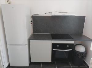 een kleine keuken met een fornuis en een koelkast bij O'Couvent - Appartement 87m2 - 4 chambres - A511 in Salins-les-Bains