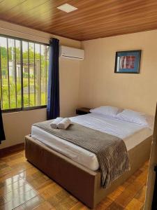 1 dormitorio con cama y ventana grande en Casa Heliconia- La Fortuna, en Fortuna