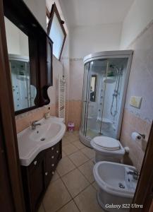 een badkamer met een wastafel, een toilet en een douche bij Casa vacanze da Nonna Rosa in Ortona