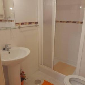 baño blanco con ducha y lavamanos en Precioso apartamento a pie de montañas y playas, en Carreña