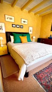 - une chambre dotée d'un lit avec des oreillers verts et jaunes dans l'établissement Longère 2 pers au coeur de la Touraine, à Truyes